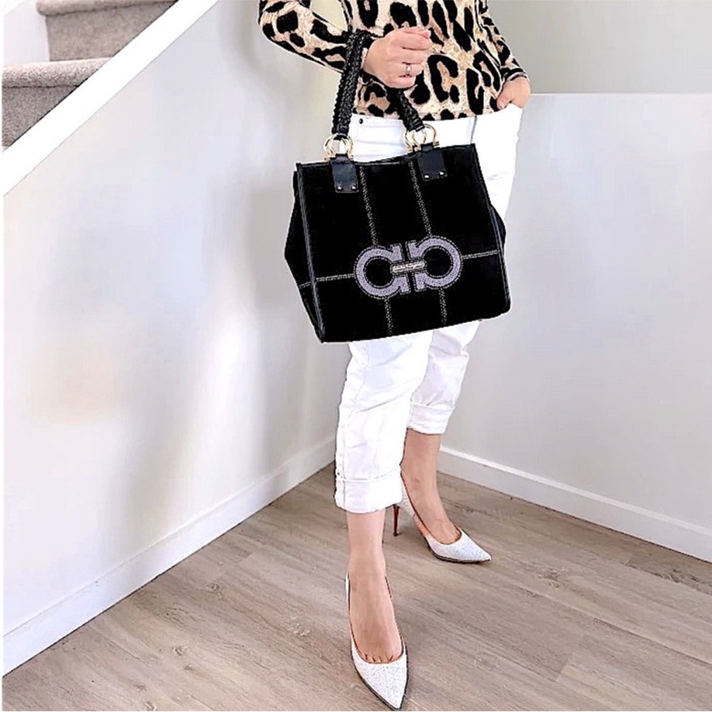 Salvatore Ferragamo Black Gancini Logo Shopper Tote